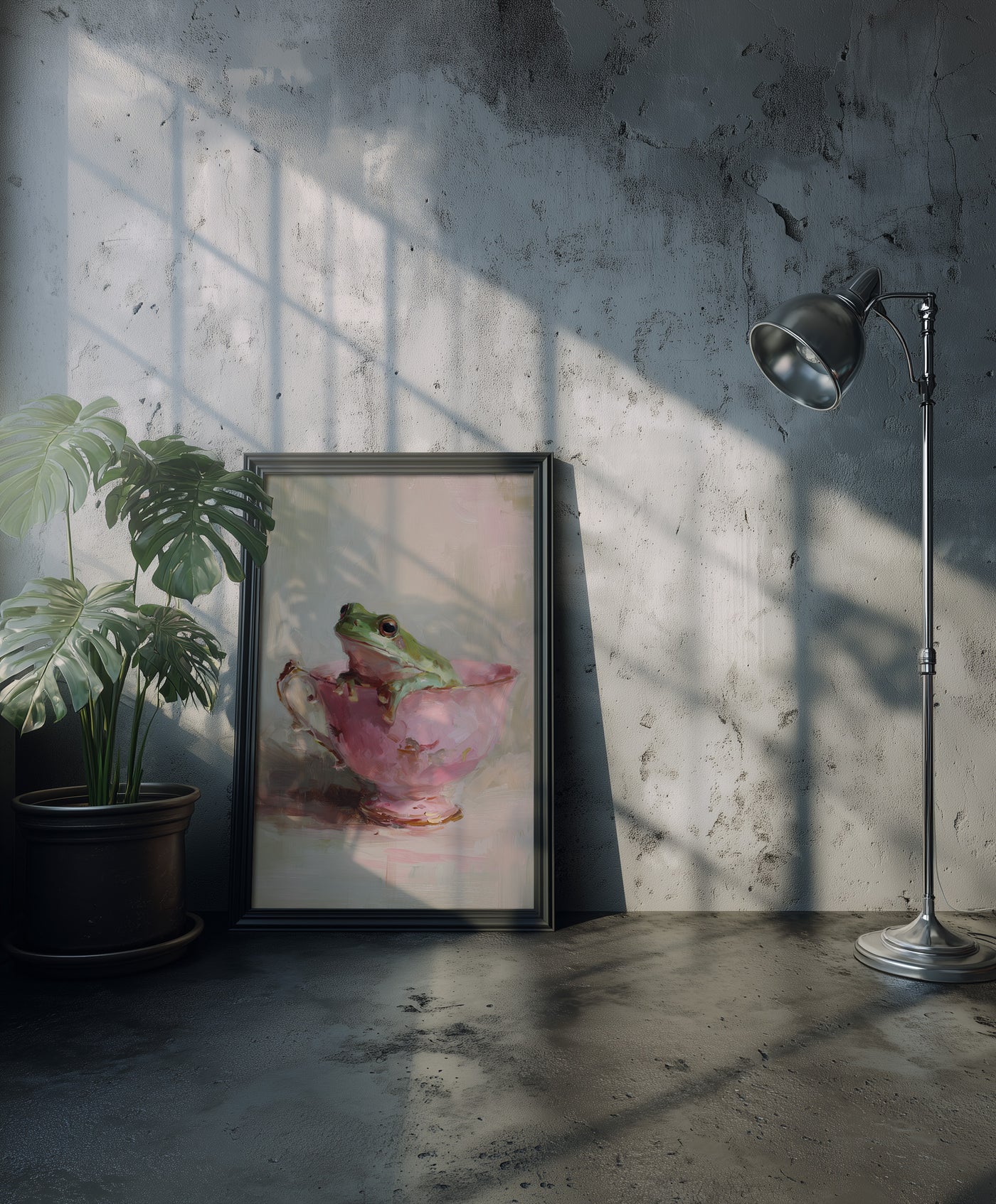 An impressionistic oil painting of a green tree frog sitting inside a vintage pink teacup with gold trim, featuring thick visible brushstrokes and a moody atmospheric background, created by Artazyn.