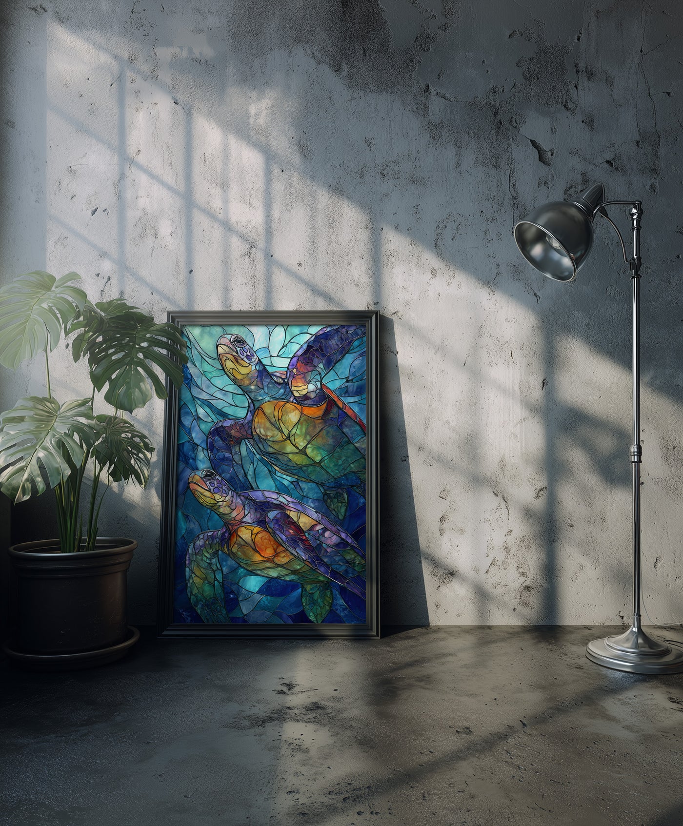 A vibrant stained-glass style art print featuring two sea turtles swimming upwards through mosaic-patterned deep blue water with glowing orange and purple shells, created by Artazyn.
