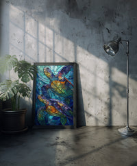 A vibrant stained-glass style art print featuring two sea turtles swimming upwards through mosaic-patterned deep blue water with glowing orange and purple shells, created by Artazyn.