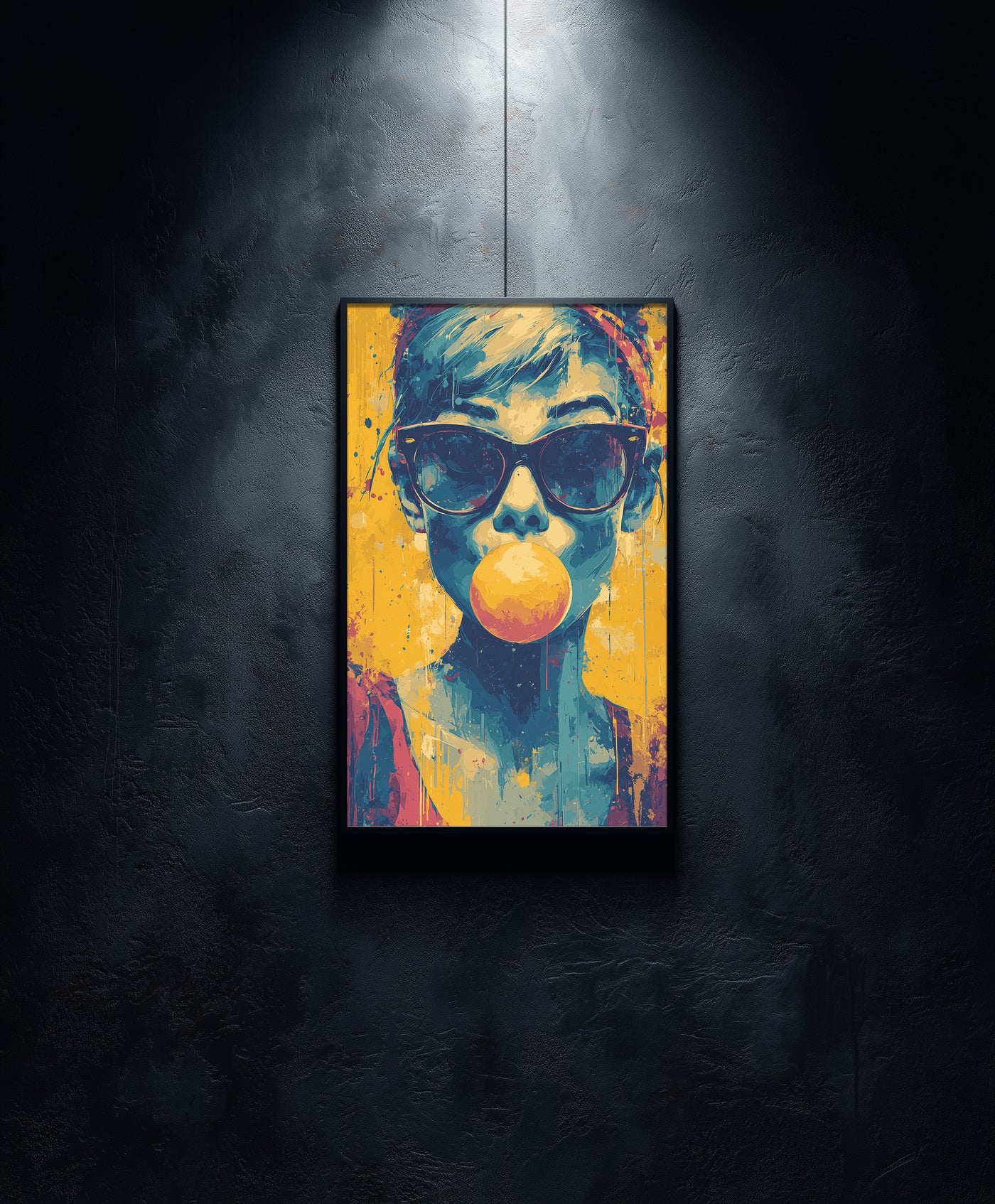 Vibrant pop art portrait of a person blowing a pink bubblegum bubble while wearing sunglasses, yellow and blue paint splatter style.