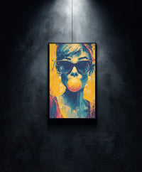 Vibrant pop art portrait of a person blowing a pink bubblegum bubble while wearing sunglasses, yellow and blue paint splatter style.