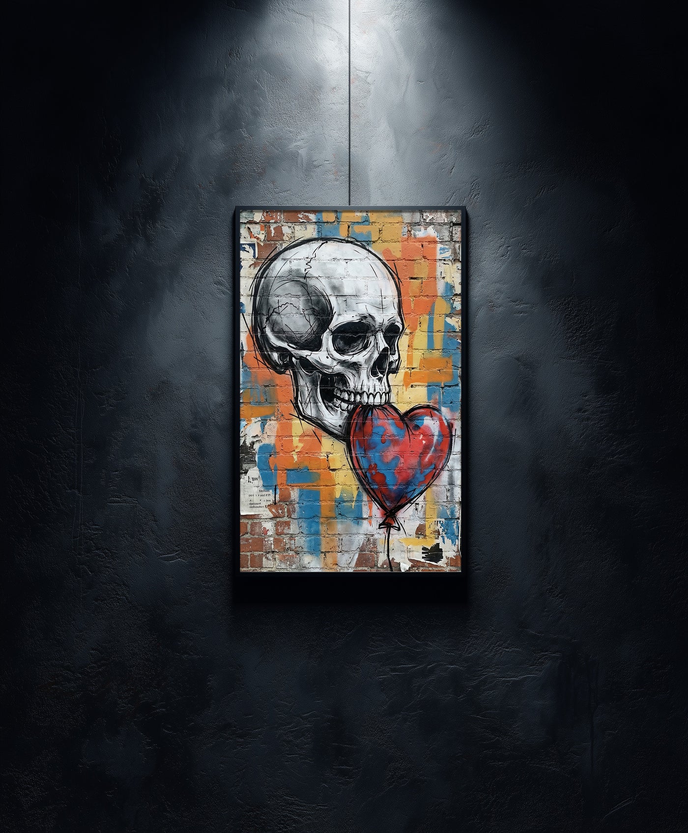 A gritty urban street art print featuring a detailed white skull holding a red and blue heart-shaped balloon in its teeth against a colorful graffiti-covered brick wall, created by Artazyn.