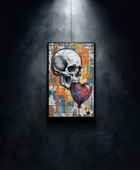 A gritty urban street art print featuring a detailed white skull holding a red and blue heart-shaped balloon in its teeth against a colorful graffiti-covered brick wall, created by Artazyn.
