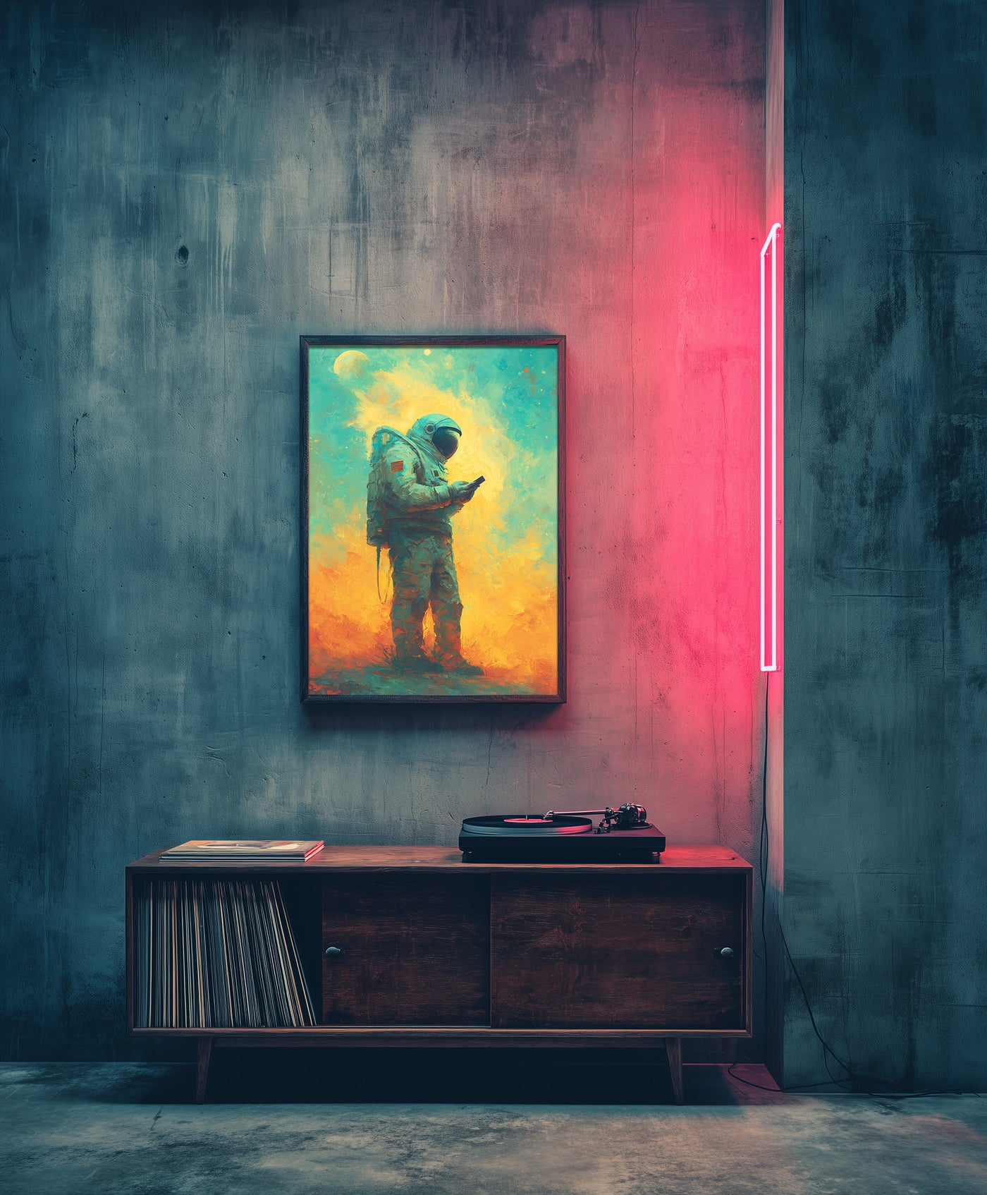 Colorful painterly art print of an astronaut standing on an alien planet looking at a smartphone, rendered in teal, yellow, and orange impasto strokes by Artazyn.