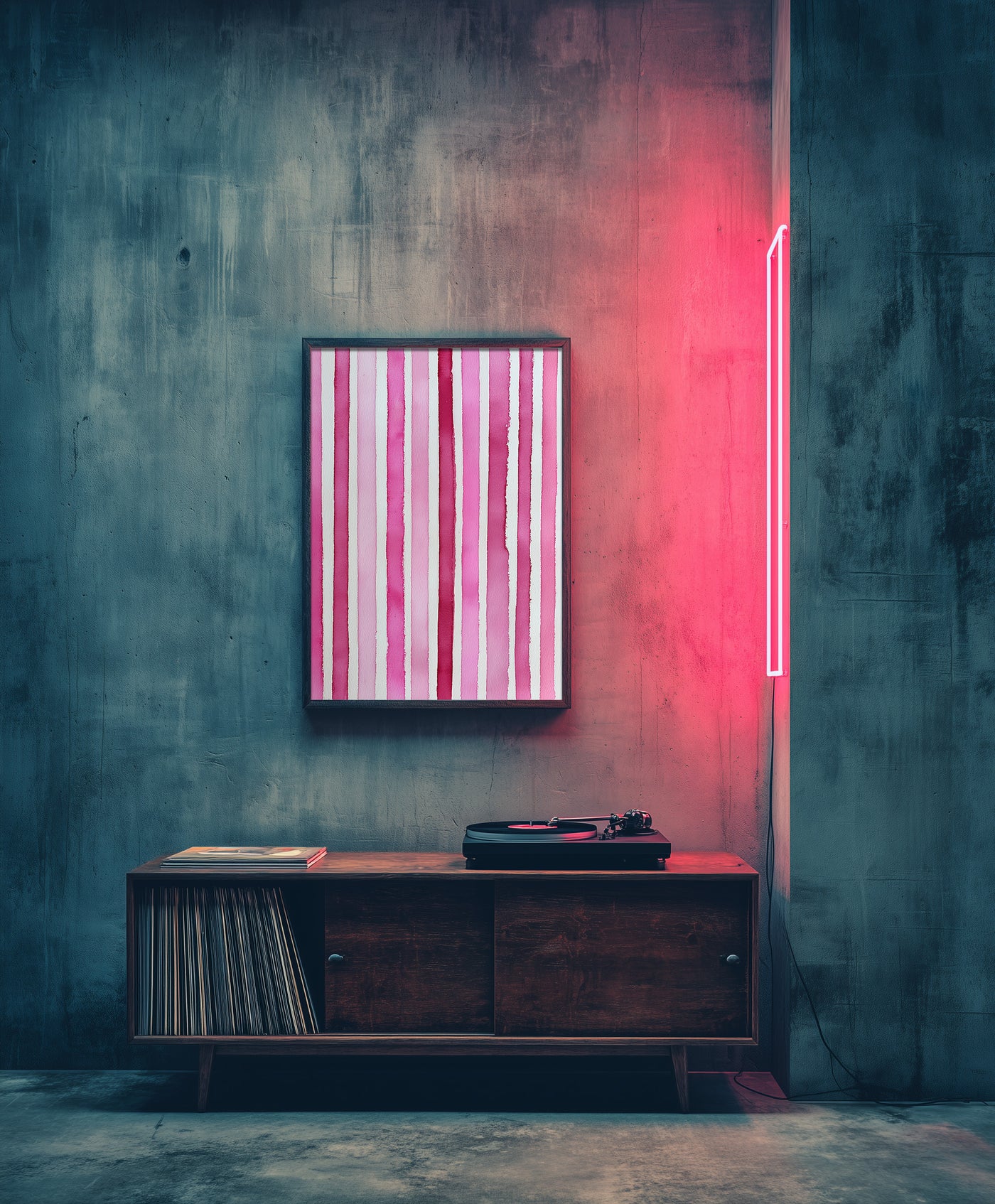 Minimalist art print featuring vertical watercolor stripes in various shades of pink and magenta on a white background, created by Artazyn.