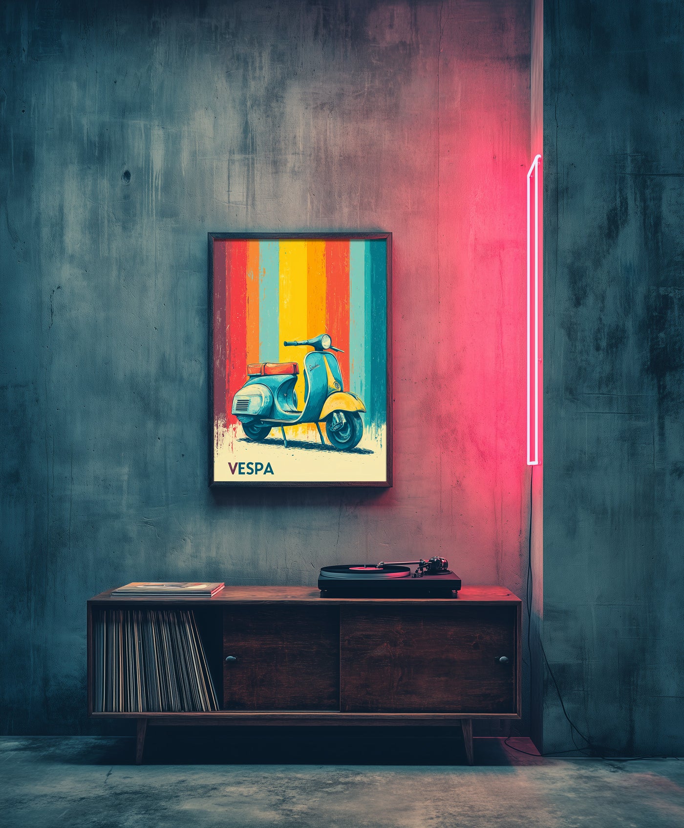 Distressed vintage-style poster illustration of a classic teal and yellow scooter parked in front of colorful retro vertical stripes in red, orange, and blue.