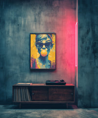 Vibrant pop art portrait of a person blowing a pink bubblegum bubble while wearing sunglasses, yellow and blue paint splatter style.