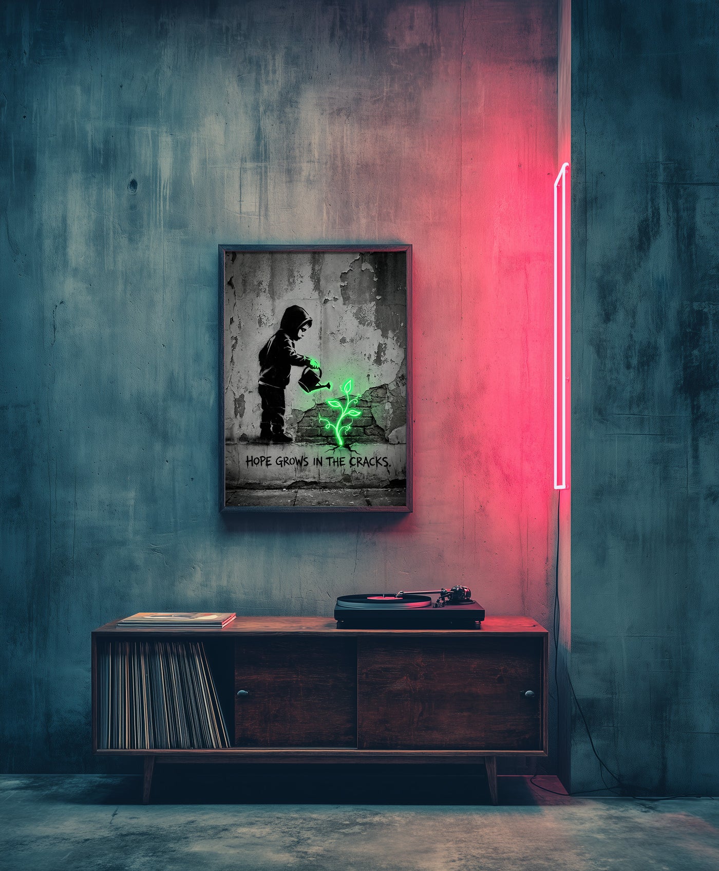 A monochromatic Banksy-style street art print of a hooded child watering a glowing neon green plant growing from a cracked wall with stenciled text reading HOPE GROWS IN THE CRACKS, created by Artazyn.