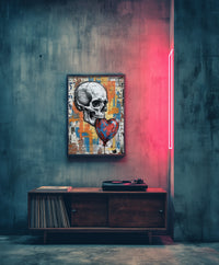 A gritty urban street art print featuring a detailed white skull holding a red and blue heart-shaped balloon in its teeth against a colorful graffiti-covered brick wall, created by Artazyn.