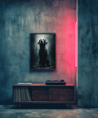 Photorealistic portrait of a soaking wet black dog sitting in the rain looking up, moody animal wall art.