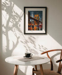 Thick impasto style oil painting of the Brooklyn Bridge illuminated at night during a rainstorm, with glowing orange lights reflecting on the wet street and two figures holding an umbrella, created by Artazyn.