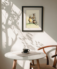 Vintage style pencil and watercolor sketch of a classic chubby bear and a striped tiger sitting together from behind with their arms around each other, looking out into the distance, created by Artazyn.