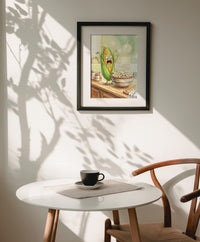 Cartoon illustration of a scared ear of corn screaming at a bowl of popcorn, funny kitchen wall art.