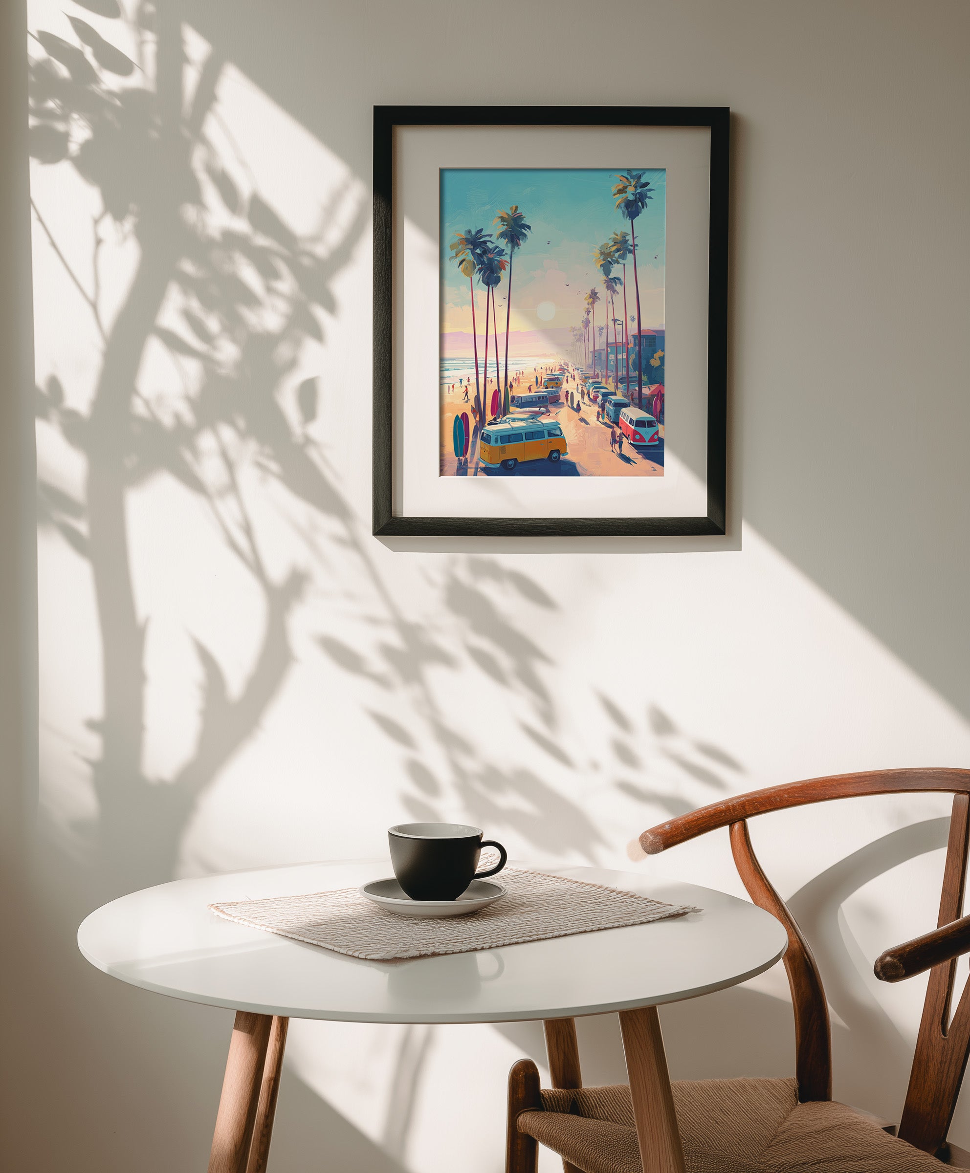 Vibrant retro painterly style illustration of a warm beach sunset with tall palm trees, vintage surfer vans, surfboards, and people walking on the sand, created by Artazyn.