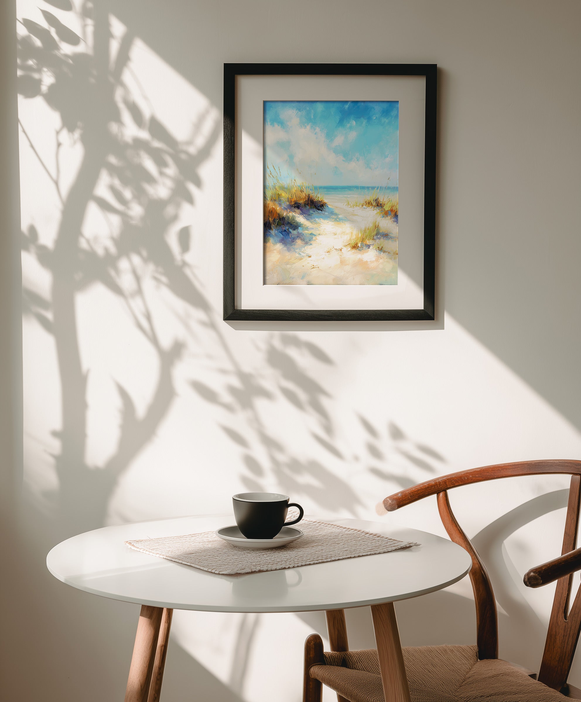 Impressionist style oil painting of a sandy path through beach dunes with sea grass leading to a bright blue ocean under a breezy, partly cloudy sky, created by Artazyn.