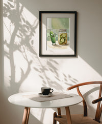 Cartoon illustration of a scared pickle screaming next to a jar of pickled cucumber slices, funny kitchen wall art.