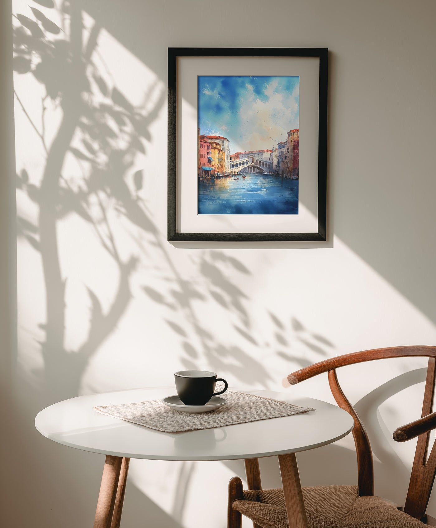 A soft impressionist watercolor painting of the Grand Canal in Venice featuring the Rialto Bridge, gondolas on the water, and a vibrant blue sky with soft clouds, created by Artazyn.