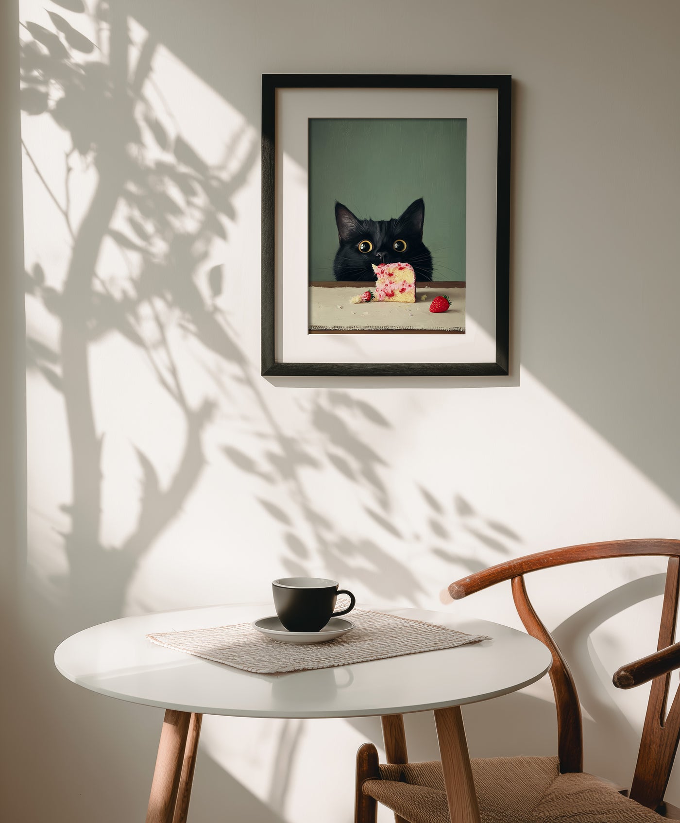 Oil painting style illustration of a fluffy black cat with large wide eyes peeking over a wooden table at a partially eaten slice of strawberry layer cake against a muted green background, created by Artazyn.