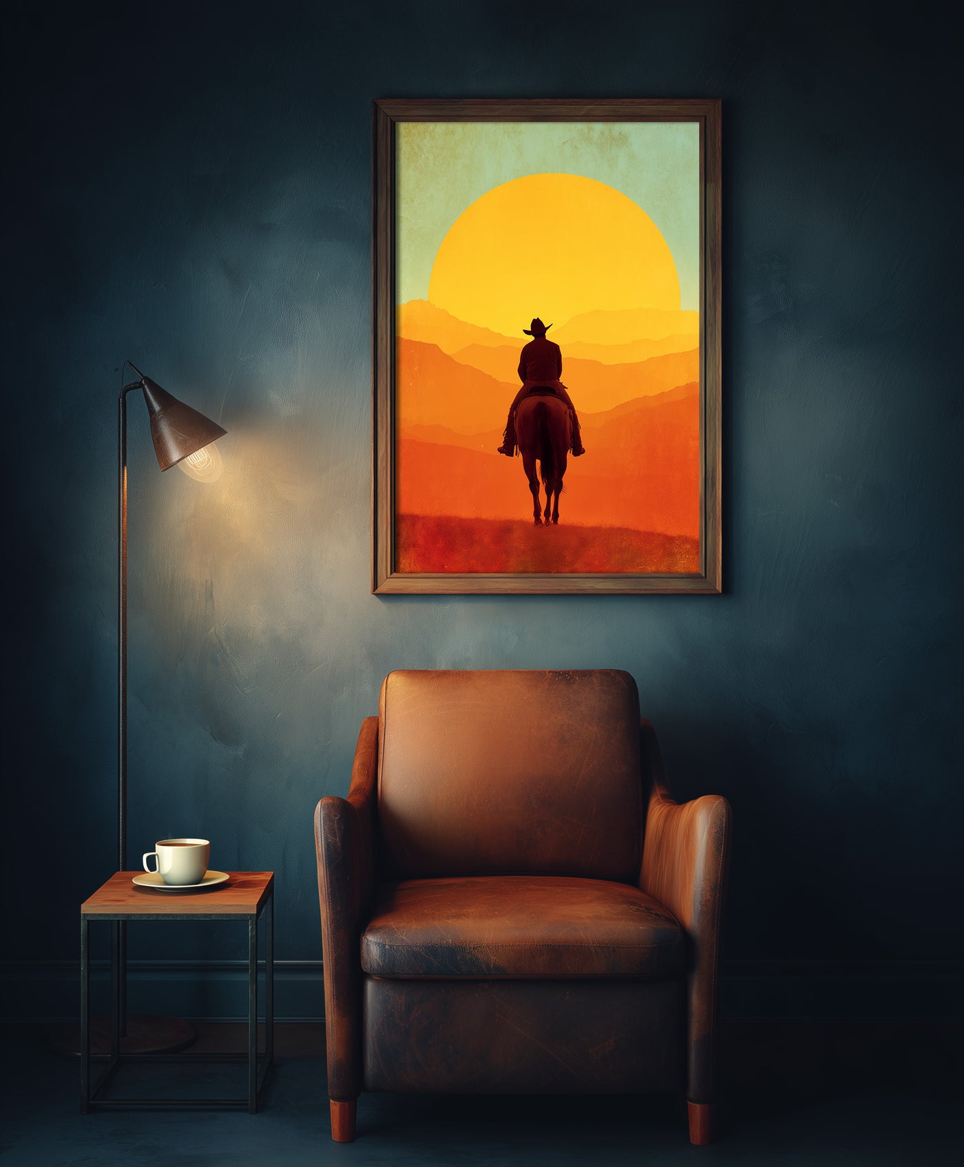 Retro vintage style illustration of a silhouette of a cowboy on horseback riding toward a massive bright orange and yellow setting sun over layered mountain ridges, created by Artazyn.