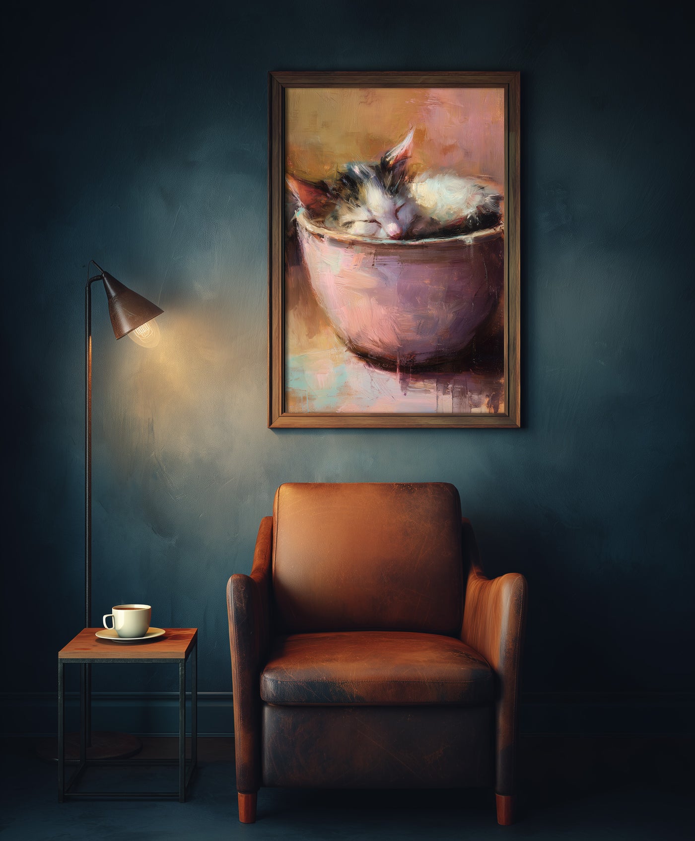 A warm-toned impressionist oil painting of a calico kitten sleeping soundly while curled up inside a pink ceramic bowl, featuring visible painterly brushstrokes and soft lighting, created by Artazyn.