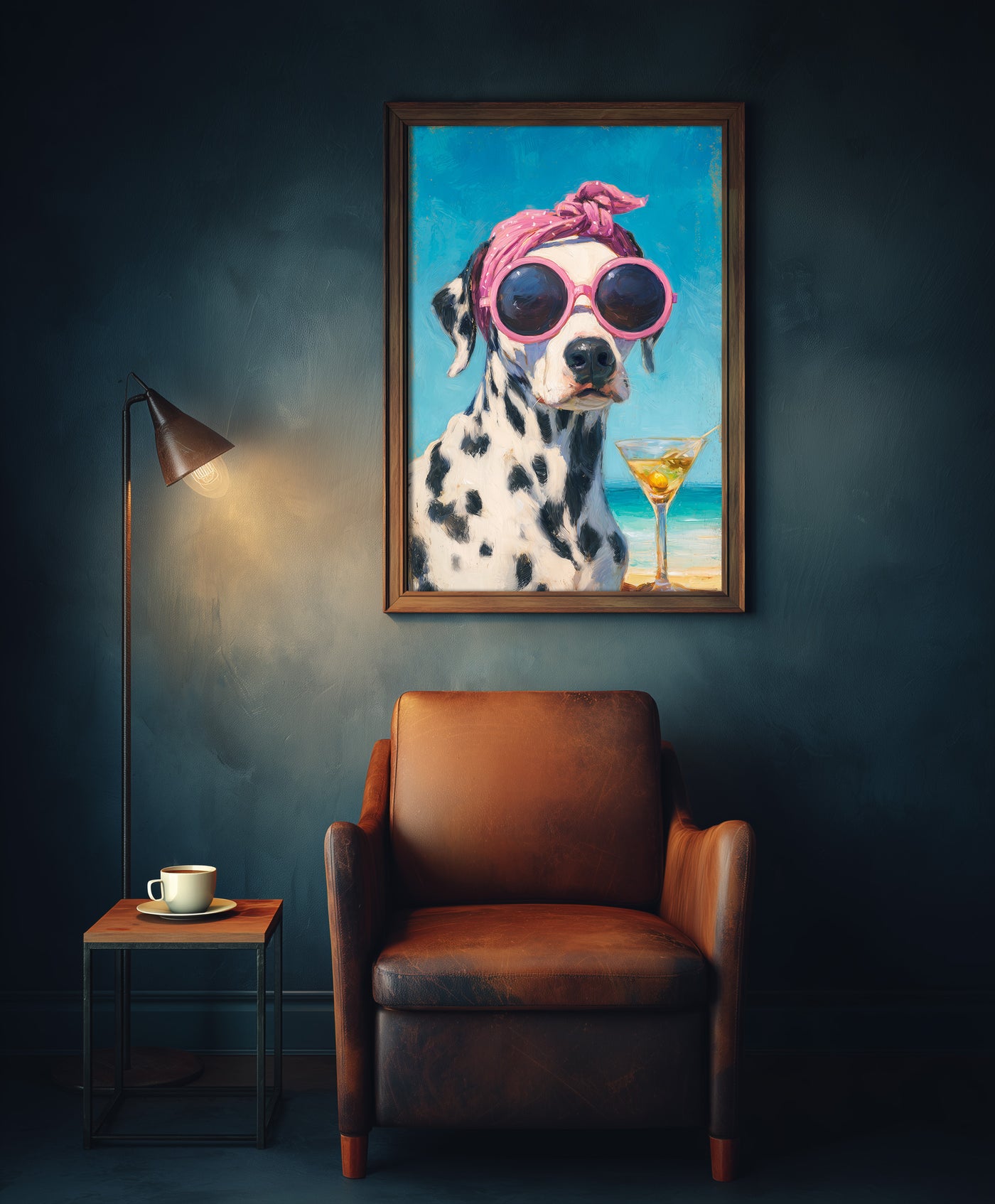 An impressionist oil painting of a Dalmatian dog wearing a pink polka-dot headscarf and oversized pink sunglasses sitting on a beach with a dirty martini, created by Artazyn.