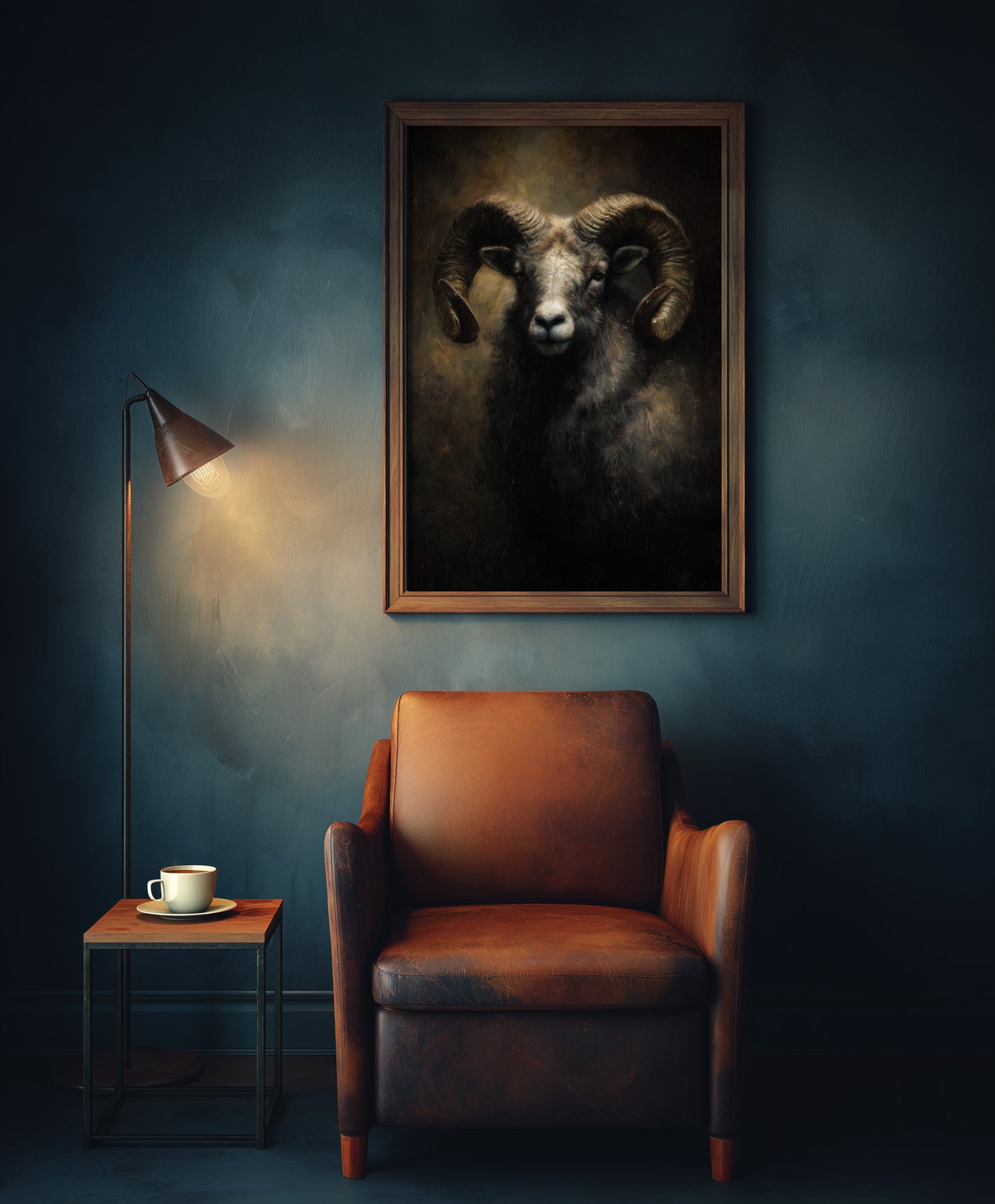 A moody oil painting of a ram with large, powerful curled horns and a calm yet stoic expression against a dark, atmospheric background, created by Artazyn.