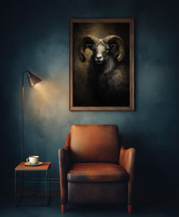 A moody oil painting of a ram with large, powerful curled horns and a calm yet stoic expression against a dark, atmospheric background, created by Artazyn.