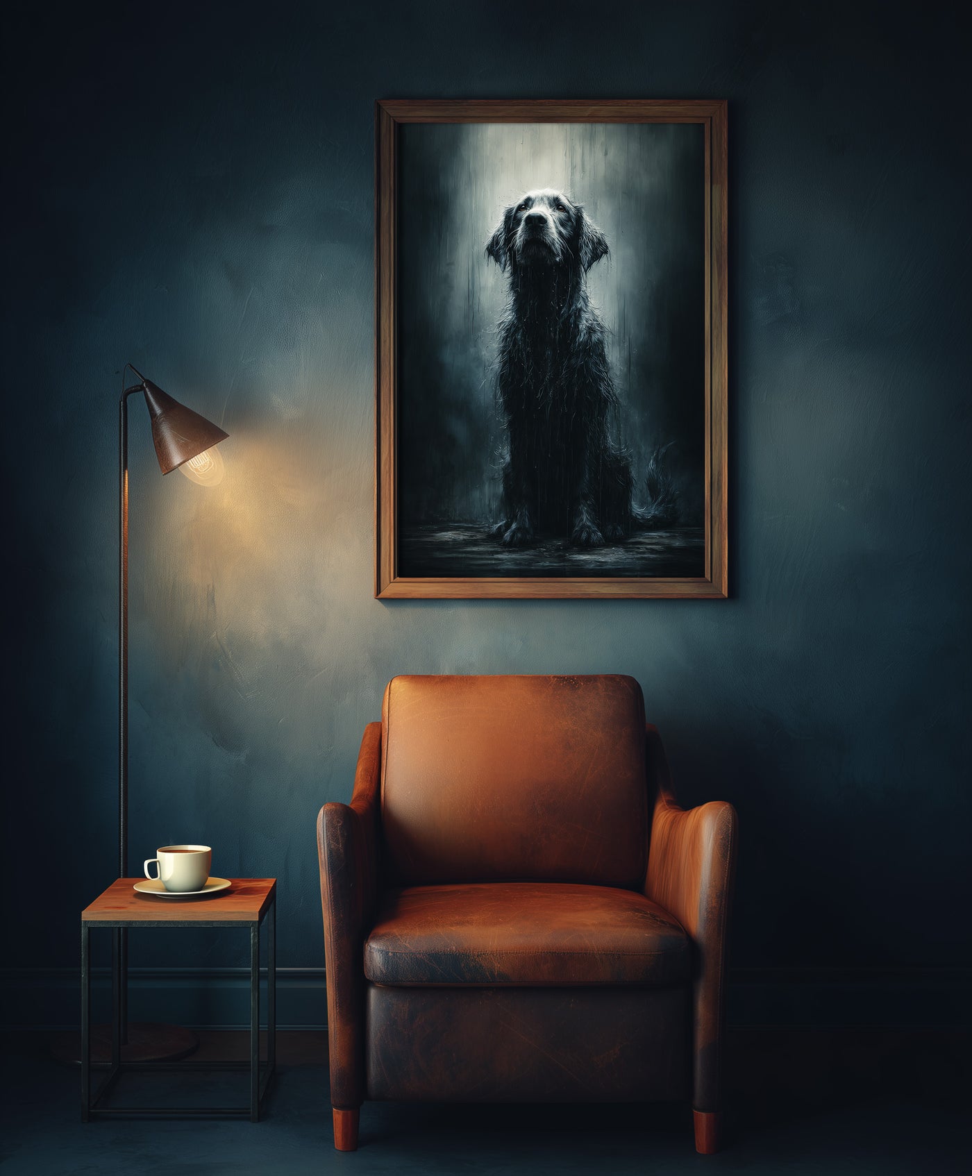 Photorealistic portrait of a soaking wet black dog sitting in the rain looking up, moody animal wall art.