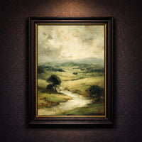 Textured oil painting style art print of rolling green hills and a winding river under a moody overcast sky, created by Artazyn.