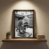A crisp black and white photograph of a raccoon standing on a glass bathroom scale wearing a towel turban next to a sign that says JUST WATER WEIGHT, created by Artazyn.