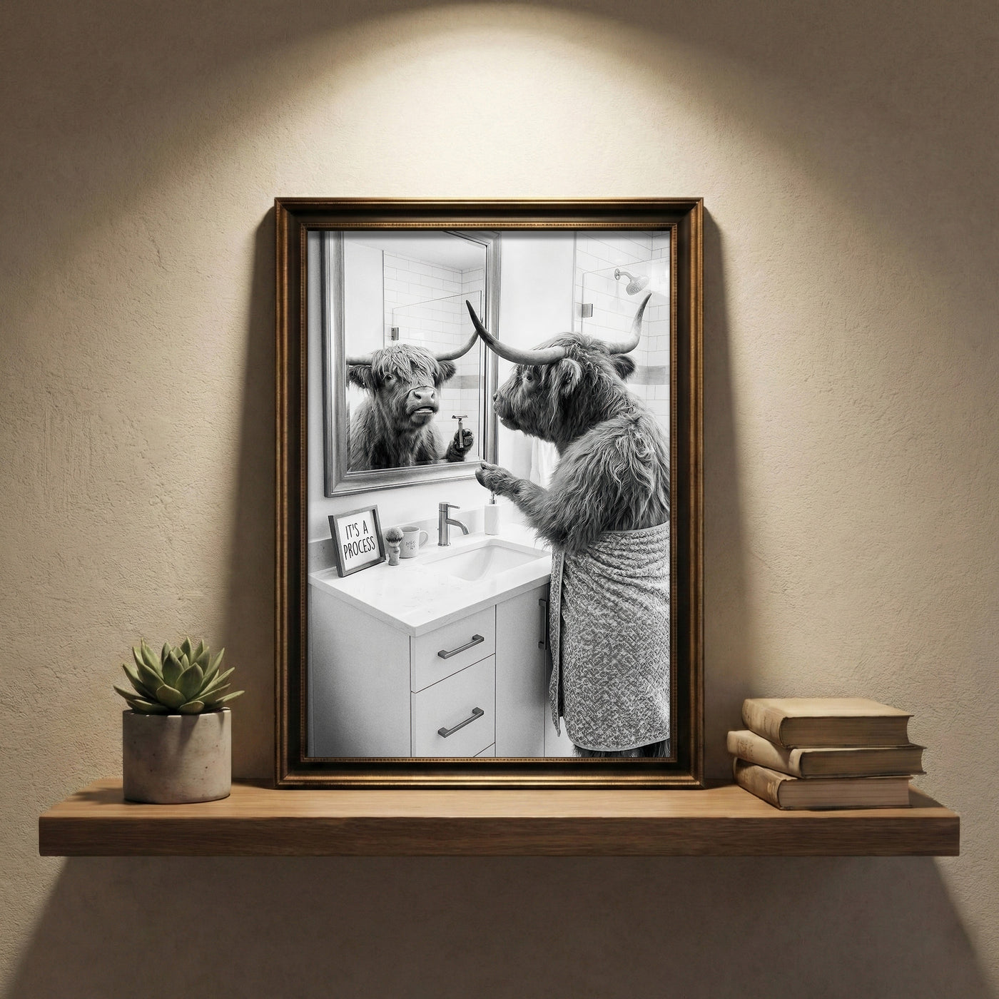 A crisp black and white photograph of a Highland cow looking in a bathroom mirror and holding a razor, with a small sign that says IT'S A PROCESS, created by Artazyn.