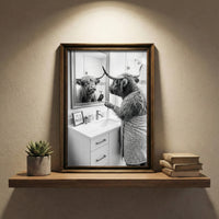 A crisp black and white photograph of a Highland cow looking in a bathroom mirror and holding a razor, with a small sign that says IT'S A PROCESS, created by Artazyn.