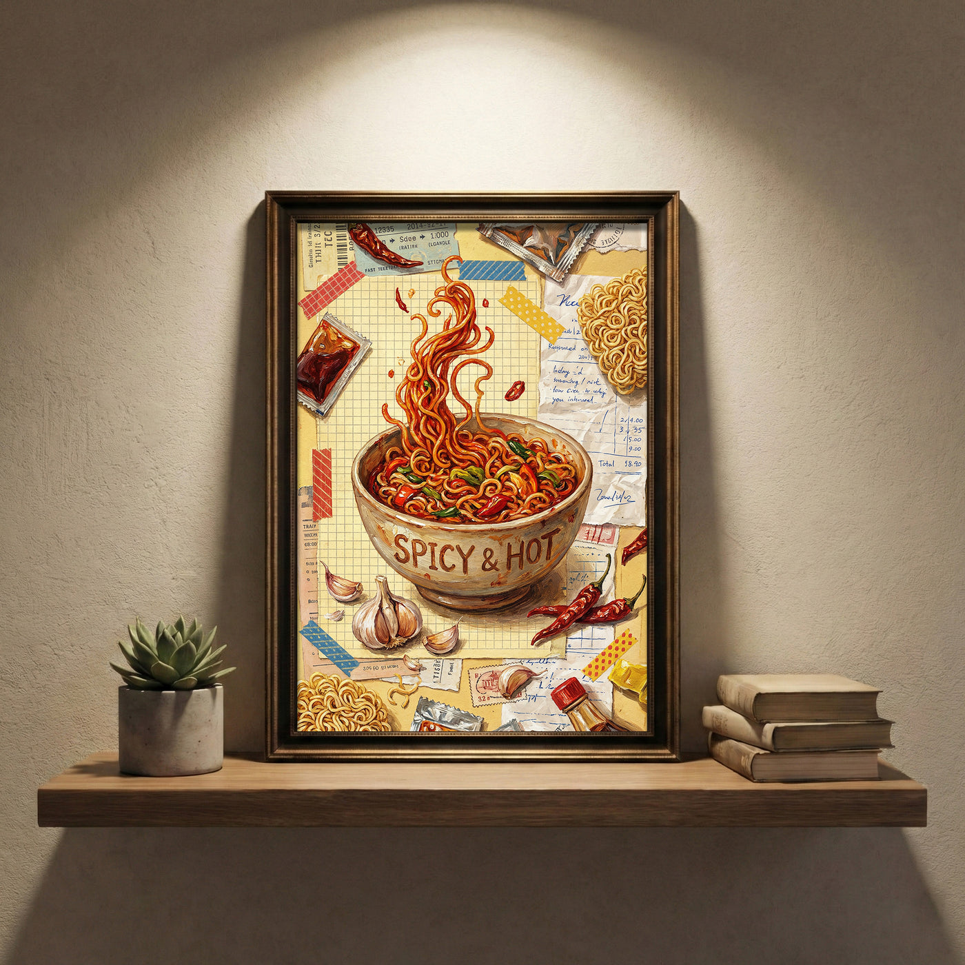 Collage style art print of a bowl of spicy ramen noodles labeled "SPICY & HOT" with floating noodles, garlic, and chili peppers against a background of receipts and train tickets.