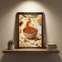 Collage style art print of a bowl of spicy ramen noodles labeled "SPICY & HOT" with floating noodles, garlic, and chili peppers against a background of receipts and train tickets.