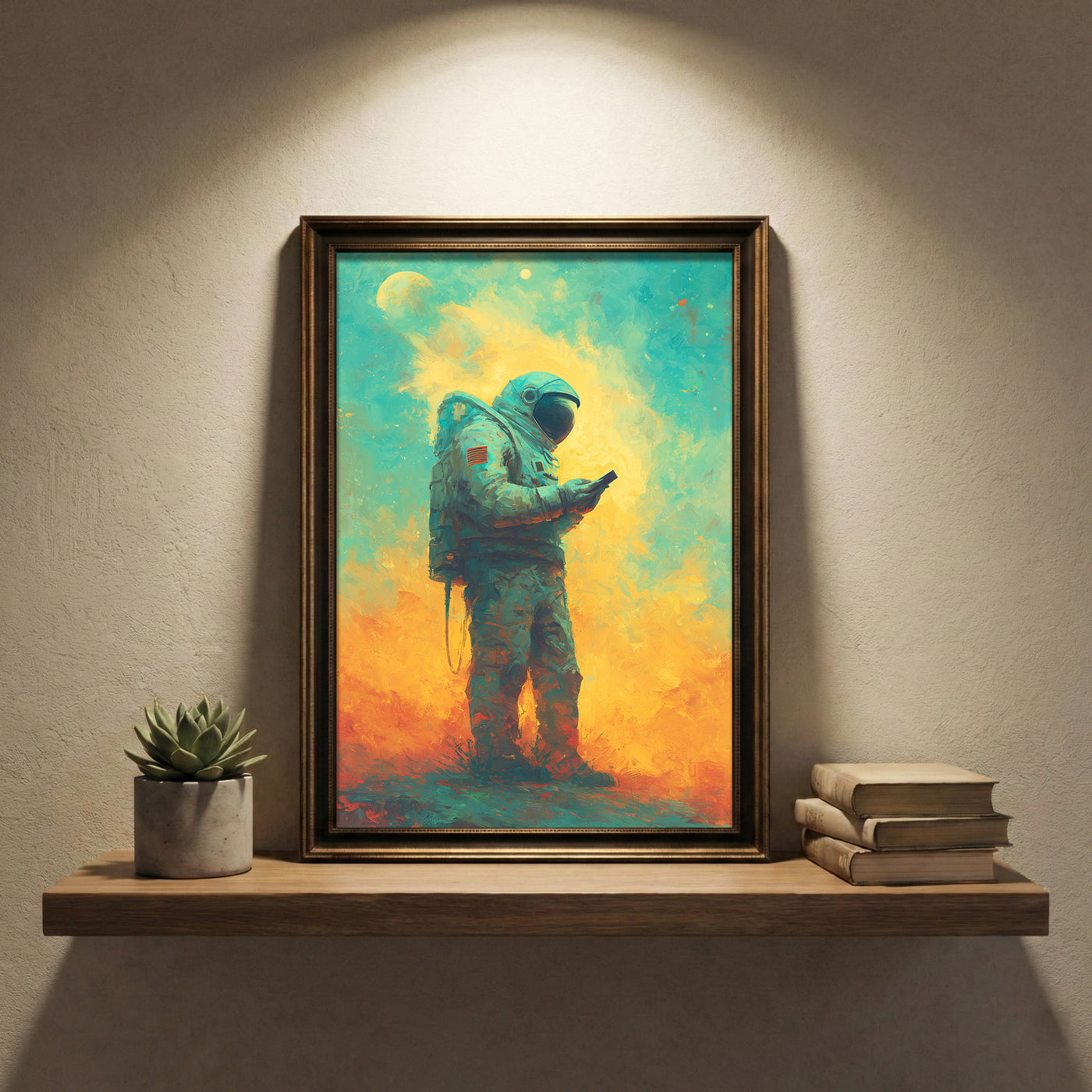 Colorful painterly art print of an astronaut standing on an alien planet looking at a smartphone, rendered in teal, yellow, and orange impasto strokes by Artazyn.