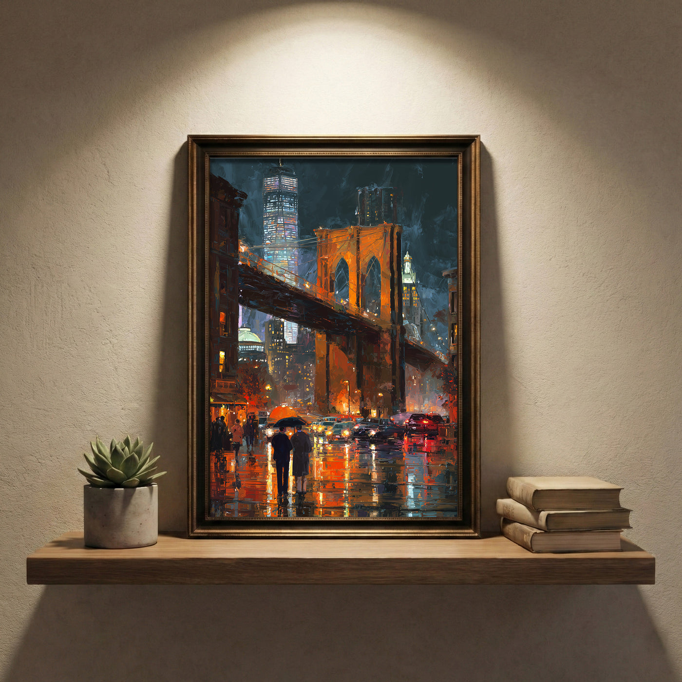 Thick impasto style oil painting of the Brooklyn Bridge illuminated at night during a rainstorm, with glowing orange lights reflecting on the wet street and two figures holding an umbrella, created by Artazyn.