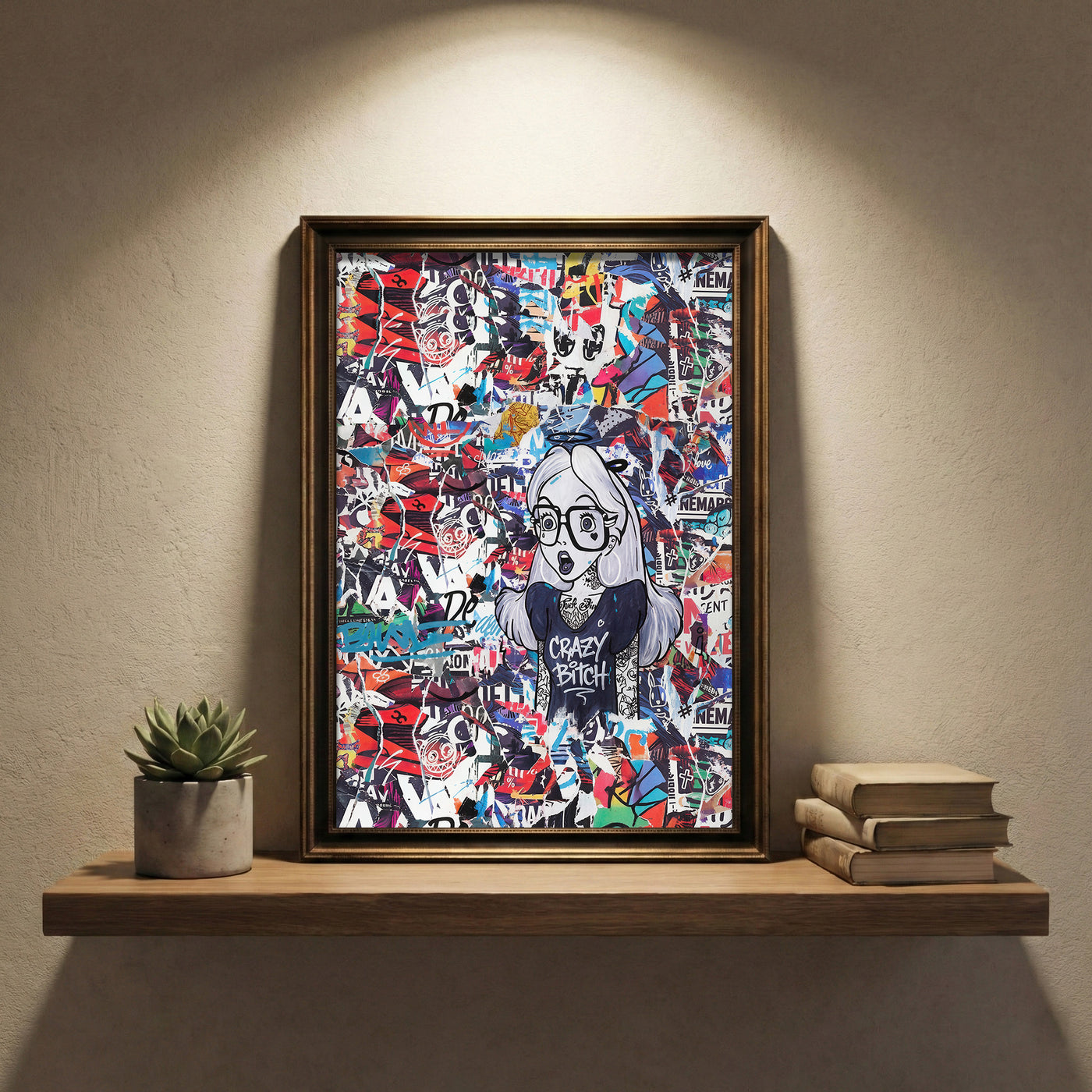 Edgy street art collage print featuring a tattooed Alice in Wonderland character wearing glasses and a t-shirt that says "Crazy Bitch" against a background of torn posters, created by Artazyn.