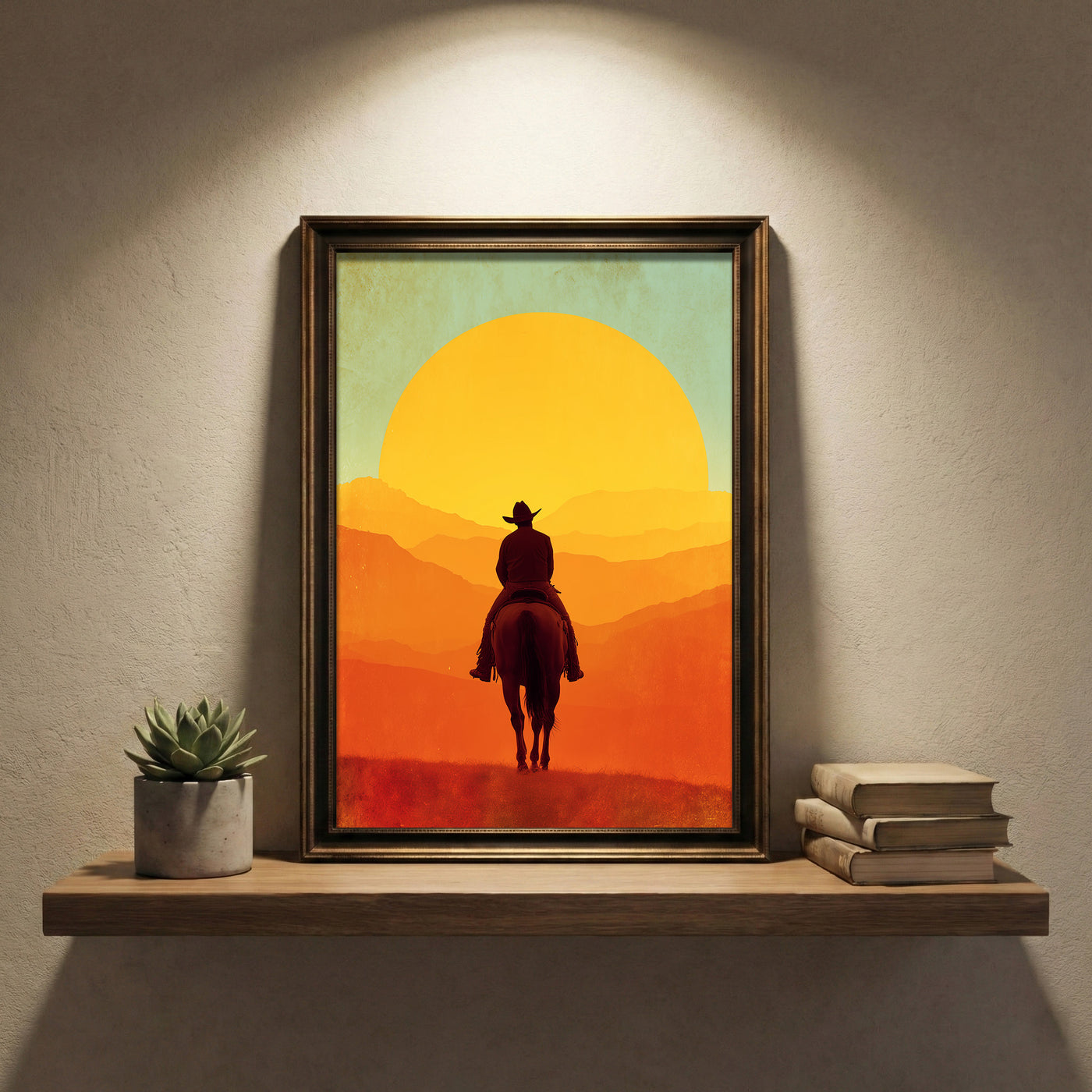 Retro vintage style illustration of a silhouette of a cowboy on horseback riding toward a massive bright orange and yellow setting sun over layered mountain ridges, created by Artazyn.