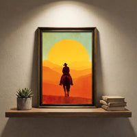 Retro vintage style illustration of a silhouette of a cowboy on horseback riding toward a massive bright orange and yellow setting sun over layered mountain ridges, created by Artazyn.
