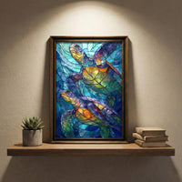 A vibrant stained-glass style art print featuring two sea turtles swimming upwards through mosaic-patterned deep blue water with glowing orange and purple shells, created by Artazyn.