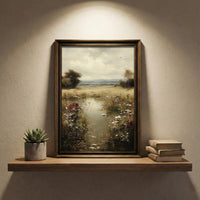 A moody impressionist oil painting of a marshy landscape filled with white daisies and dark red wildflowers under a heavy overcast sky, created by Artazyn.