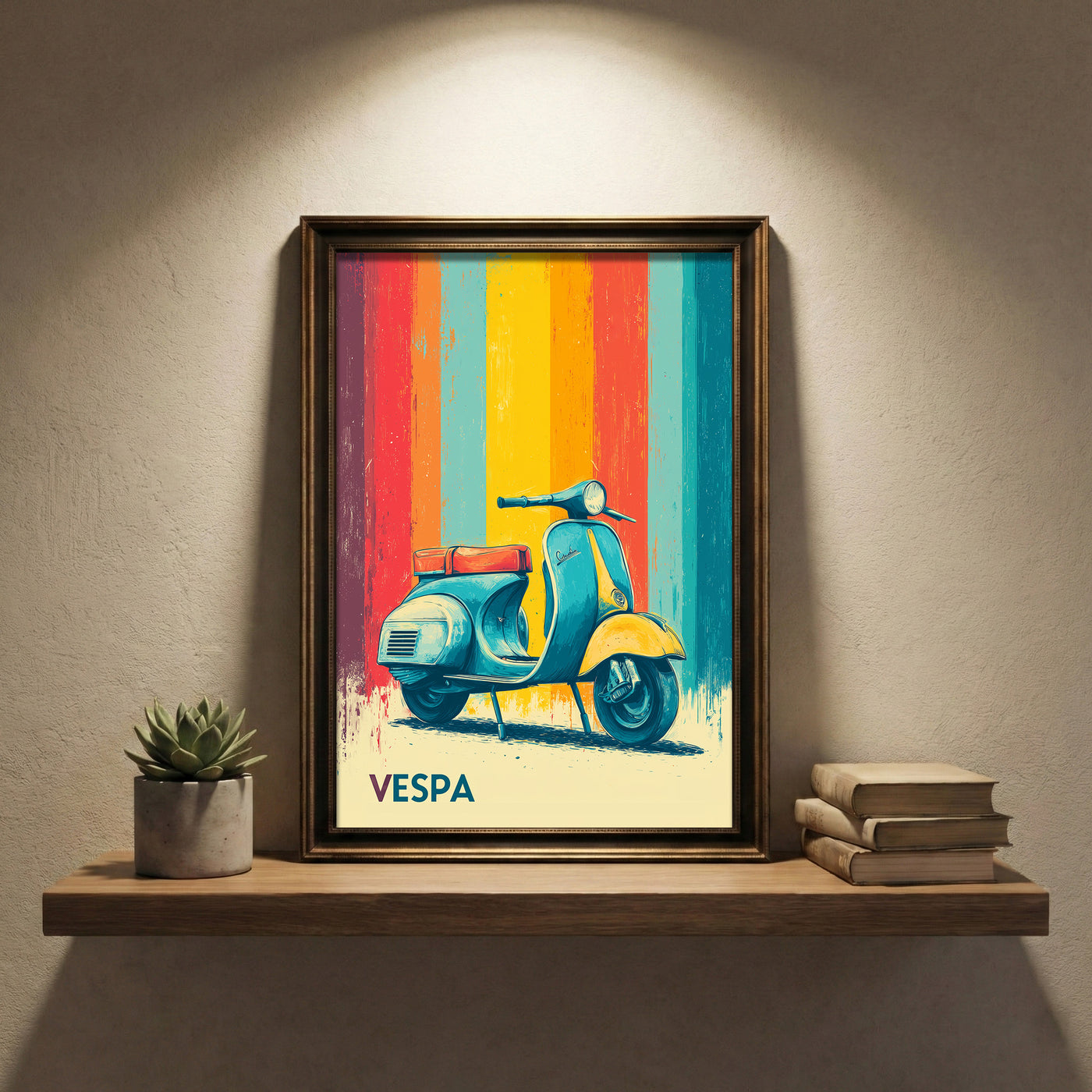 Distressed vintage-style poster illustration of a classic teal and yellow scooter parked in front of colorful retro vertical stripes in red, orange, and blue.