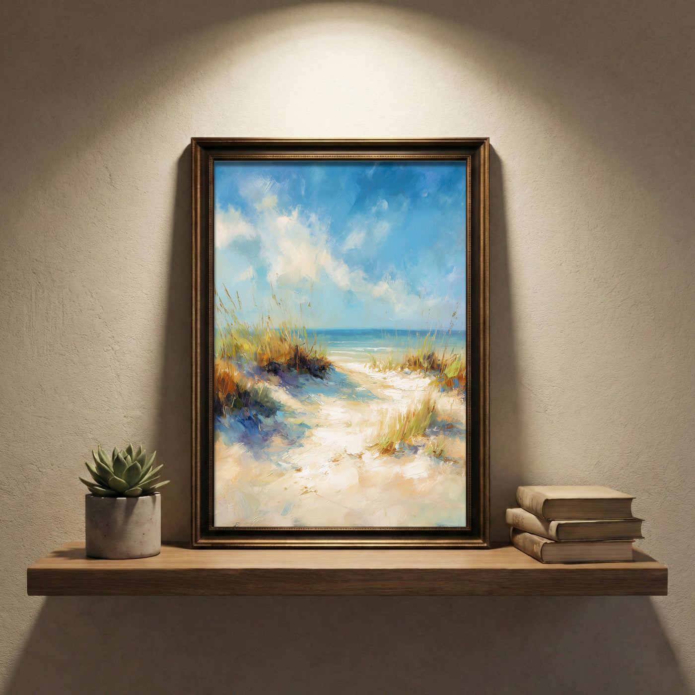 Impressionist style oil painting of a sandy path through beach dunes with sea grass leading to a bright blue ocean under a breezy, partly cloudy sky, created by Artazyn.