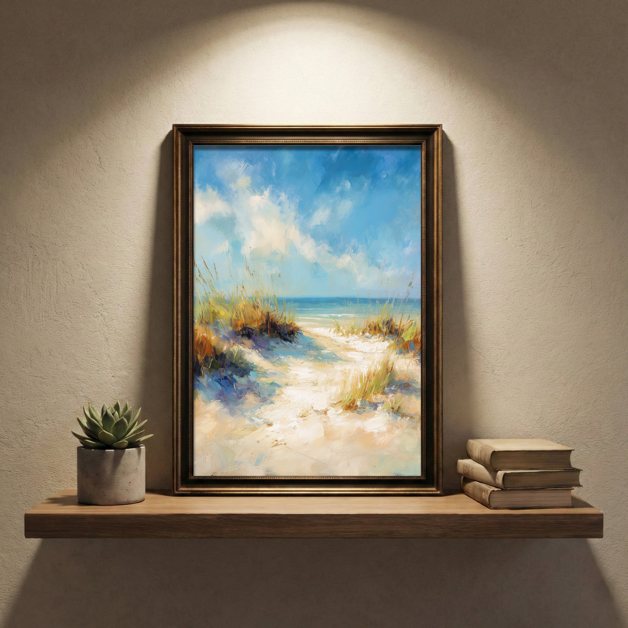 Impressionist style oil painting of a sandy path through beach dunes with sea grass leading to a bright blue ocean under a breezy, partly cloudy sky, created by Artazyn.
