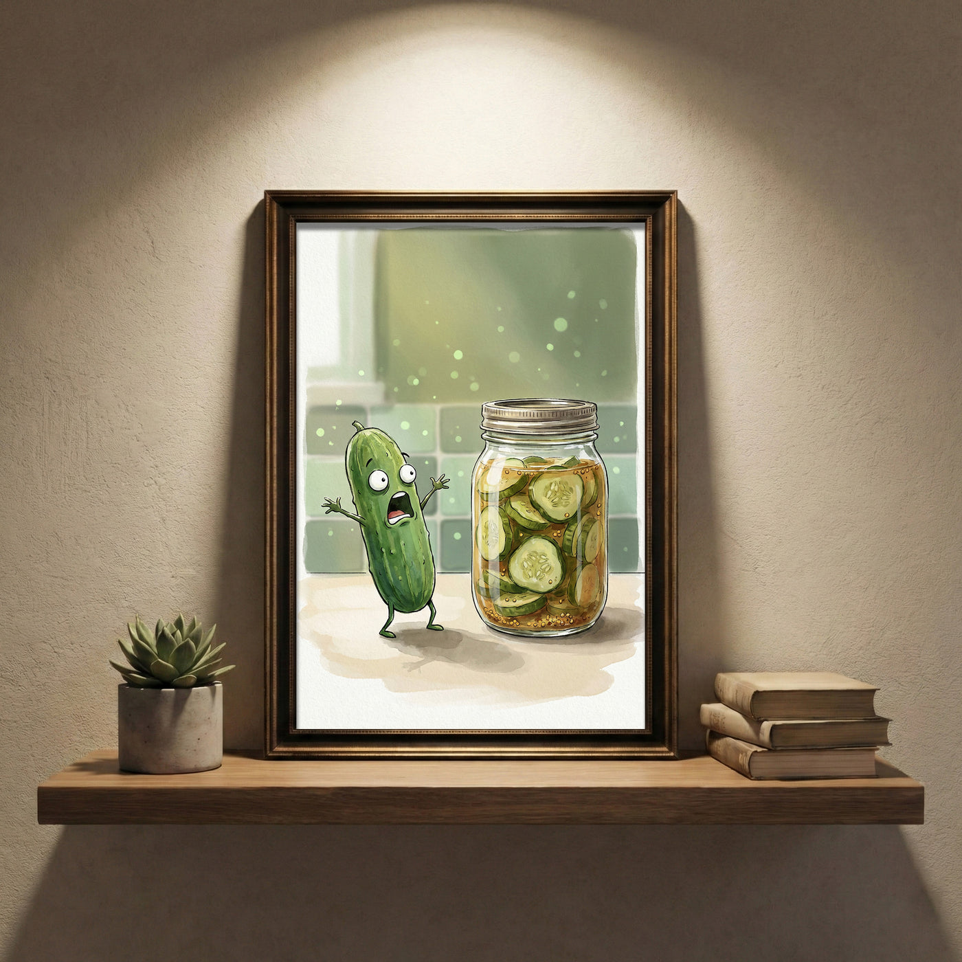 Cartoon illustration of a scared pickle screaming next to a jar of pickled cucumber slices, funny kitchen wall art.