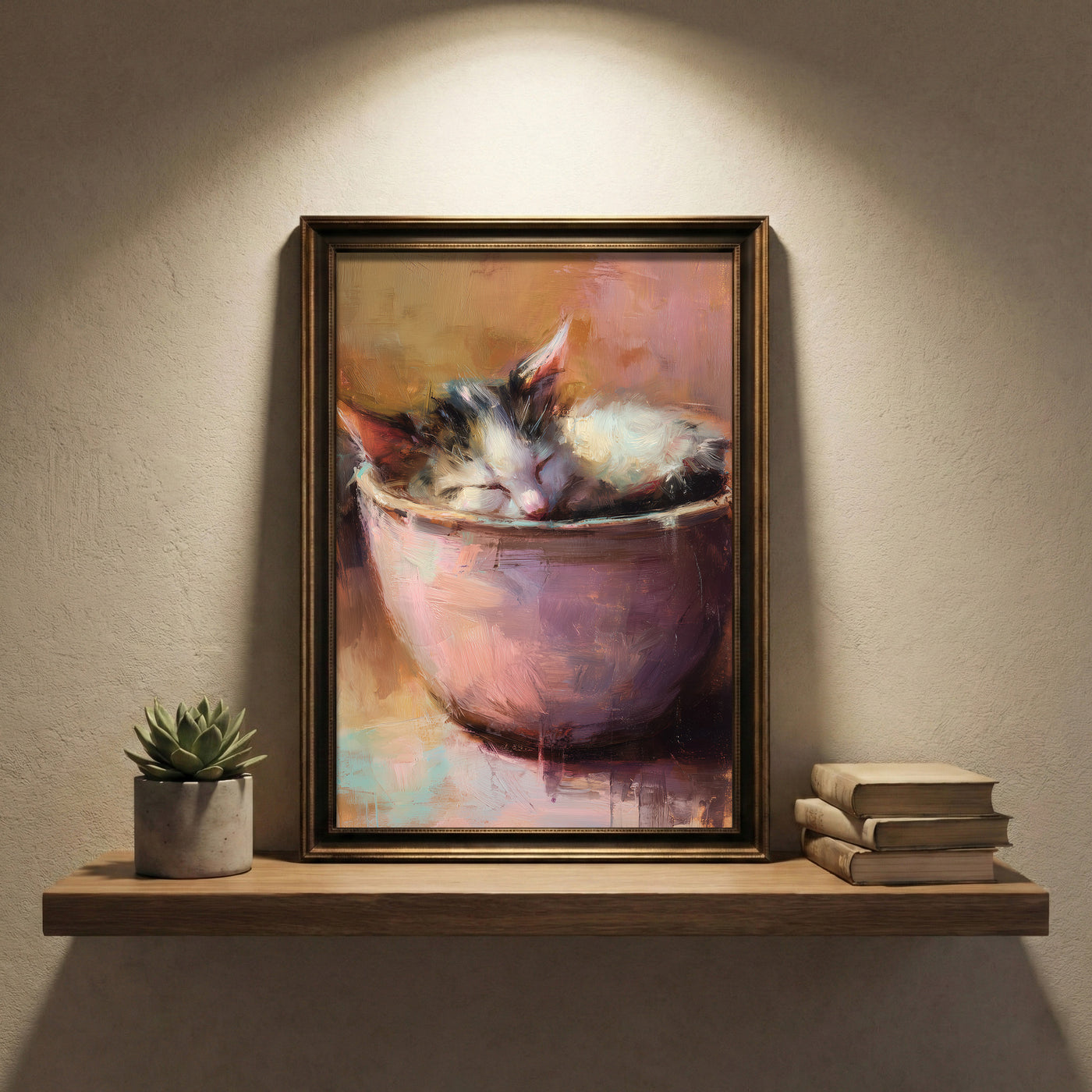 A warm-toned impressionist oil painting of a calico kitten sleeping soundly while curled up inside a pink ceramic bowl, featuring visible painterly brushstrokes and soft lighting, created by Artazyn.