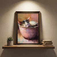 A warm-toned impressionist oil painting of a calico kitten sleeping soundly while curled up inside a pink ceramic bowl, featuring visible painterly brushstrokes and soft lighting, created by Artazyn.