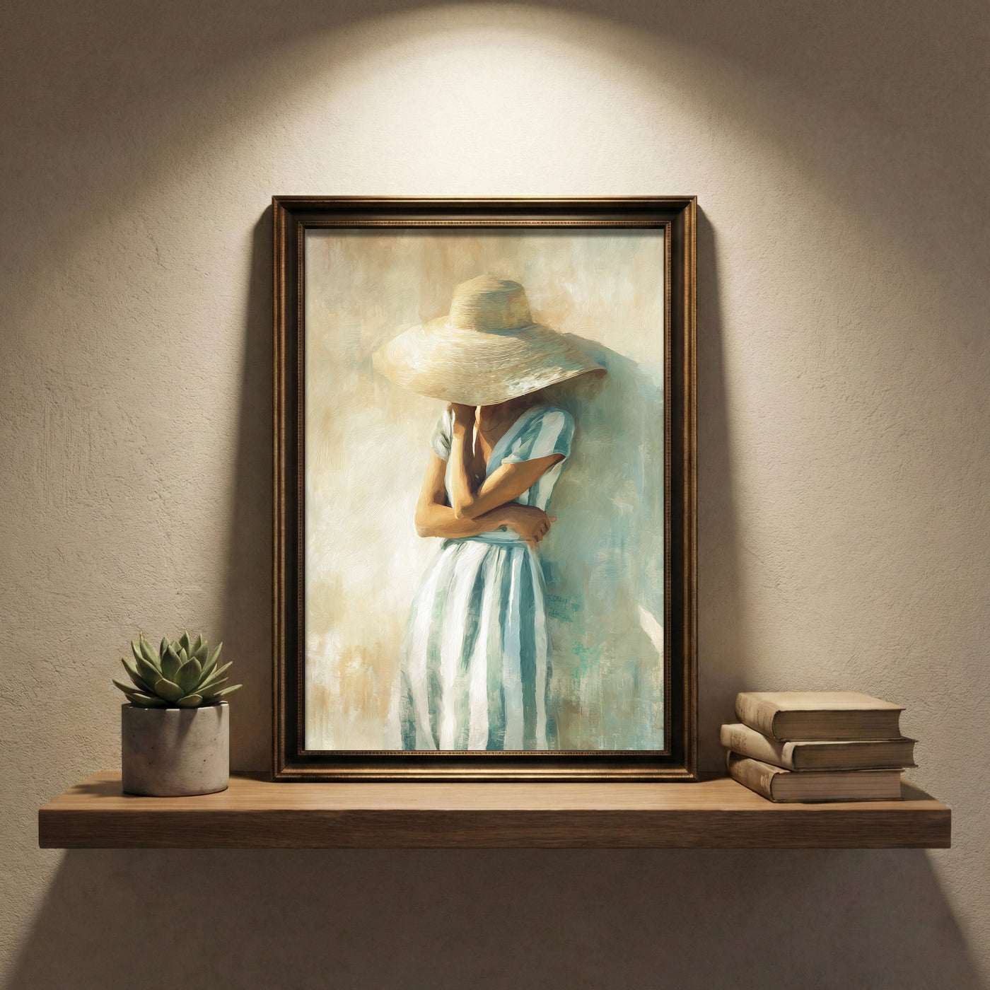 A soft, impressionist oil painting of an elegant woman in a blue and white striped dress wearing a large sun hat that hides her face, created by Artazyn.