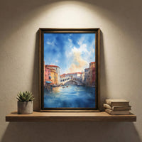 A soft impressionist watercolor painting of the Grand Canal in Venice featuring the Rialto Bridge, gondolas on the water, and a vibrant blue sky with soft clouds, created by Artazyn.