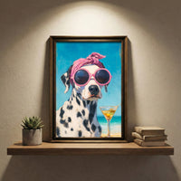 An impressionist oil painting of a Dalmatian dog wearing a pink polka-dot headscarf and oversized pink sunglasses sitting on a beach with a dirty martini, created by Artazyn.